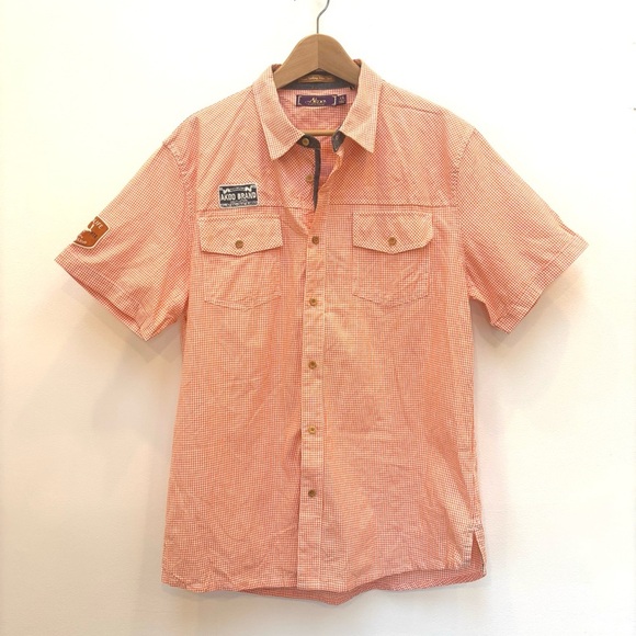 Akoo Plaid Button Up Short Sleeve Shirt Embroidered Patches Orange White XL - Picture 2 of 13